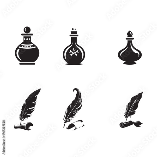 Elegant Ink Bottle & Quill Pen Vector Icons | Artistic Vintage Design