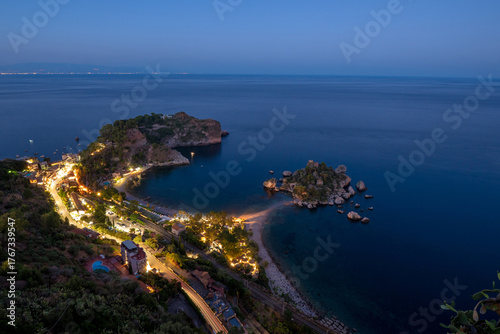 Night view of Isola Bella and the coast of Taormina