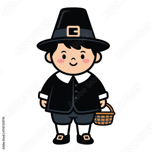 Cartoon Style Cute Pilgrim Boy with Basket Illustration for Thanksgiving