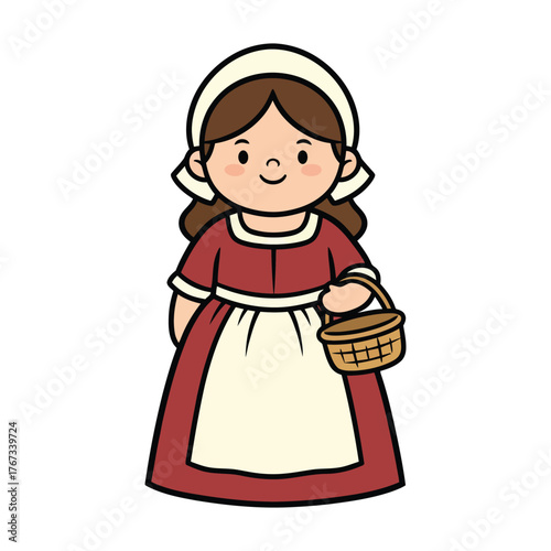Cute Cartoon Style Pilgrim Girl with a Basket Illustration Design