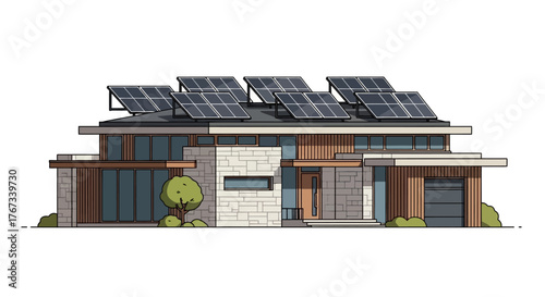 House with Solar Panels on Roof — Clean Energy Vector Illustration

