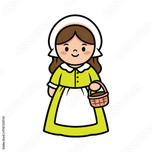 Cute Cartoon Style Pilgrim Girl with Basket Illustration Isolated
