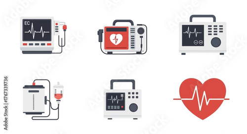 Defibrillator Icon Set Heart Health