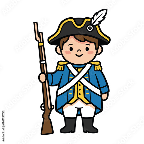 Cute Cartoon Style Soldier Holding Musket from American Revolutionary War