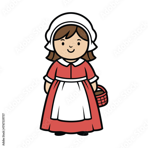 Simple Cartoon Style Pilgrim Woman Character Holding Basket Illustration