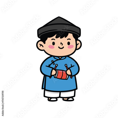 Cartoon Style Boy in Traditional Costume Playing Drum Illustration