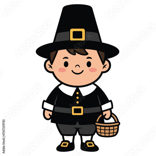 Cute Cartoon Style Pilgrim Boy with Basket Illustration Graphic Design