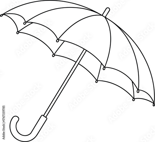 Open umbrella line drawing illustration, black and white sketch, rain protection accessory design, simple outline artwork, weather symbol, personal care graphic