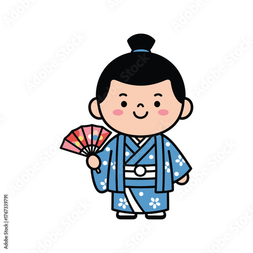 Cute Cartoon Style Japanese Boy with Fan Wearing Kimono Illustration