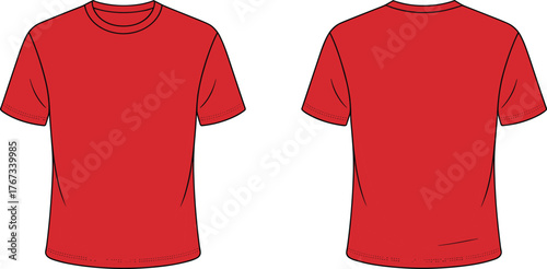 Plain red t shirt front and back view, short sleeve unisex apparel design, casual fashion clothing, blank garment template, cotton wear illustration