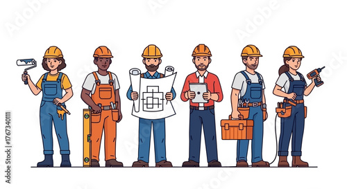 Group of Construction Workers with Tools and Blueprints.