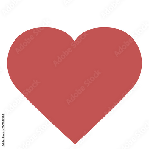 Flat red heart 2D vector shape, gentle geometric element for love, care, favorites, or emotional themes in design projects.

