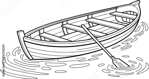 Rowboat line drawing, detailed black and white illustration, wooden boat sketch, traditional watercraft design, fishing vessel artwork, nautical transport reference, classic