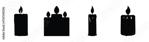 Set of four black candle icons with flames symbolizing light warmth celebration and ambiance