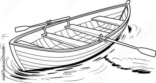 Rowboat line drawing, detailed black and white illustration, wooden boat sketch, traditional watercraft design, fishing vessel artwork, nautical transport reference