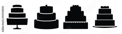 Collection of four tiered black wedding cakes silhouettes for celebrations