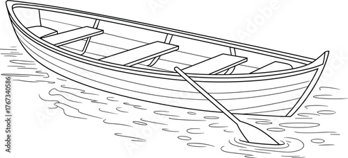 Rowboat line drawing, detailed black and white illustration, traditional wooden boat sketch, water transport design, fishing vessel artwork, nautical educational reference