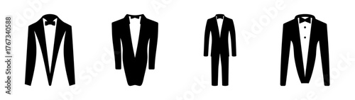 Four distinct black tuxedos featuring white collars and lapels isolated