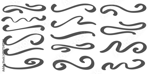 Swoosh lines. Vector swash underlines. Hand-drawn brush stroke on white background. Vintage wavy shapes. Squiggly flourishes and doodle curved decorative design elements