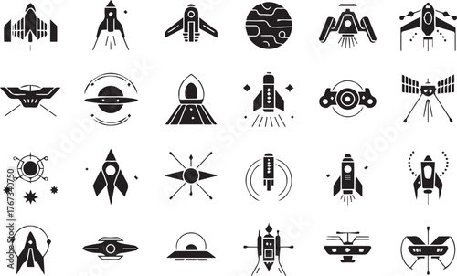 Futuristic Spaceship and Galaxy Icon Set Flat Black Vector Collection for Sci-Fi Technology and Astronomy