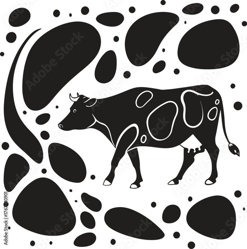 Stylized Black and White Cow Illustration with Abstract Spots
