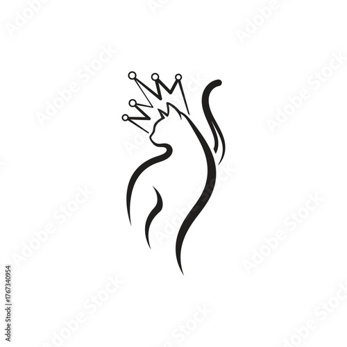 Elegant minimalist line art of a majestic cat wearing a royal crown symbolizing royalty and grace