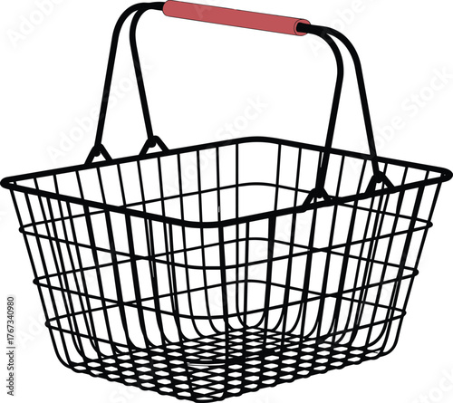 Shopping basket illustration, wire retail basket, supermarket carry basket, handheld grocery basket, black metal basket, red handle grip, retail equipment design