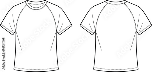 Short sleeve raglan t shirt technical flat sketch, fashion apparel template, clothing design illustration, garment construction drawing, vector fashion flat design