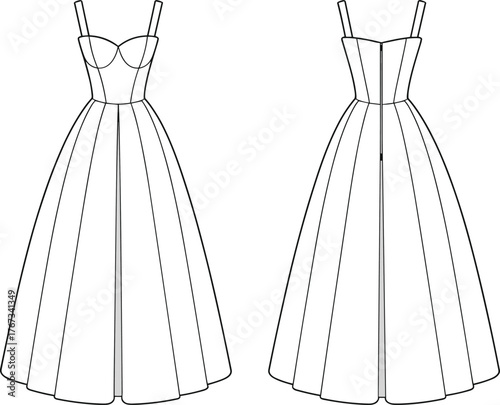Elegant fashion illustration of a technical dress design, front and back view, structured bodice, panel skirt, garment construction, couture concept