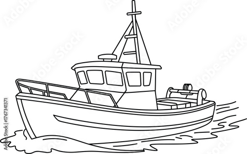 Simple Vector Line Art of a Modern Trawler Fishing Boat, Ideal for Maritime Commerce, Deep Sea Industry, and Coastal Transportation Graphics
