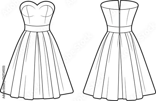 Strapless sweetheart neckline dress, fashion technical sketch, pleated full skirt, princess seam bodice, front and back view, garment construction illustration