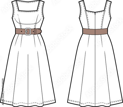 Stylish sleeveless midi dress fashion flat sketch with square neckline, fitted waist belt, elegant seams, pleated skirt design, front and back technical drawing