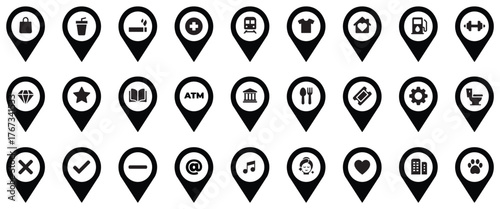 different place location pointer pin set collection pack bundle black shape icon silhouette vector flat illustration design on white background