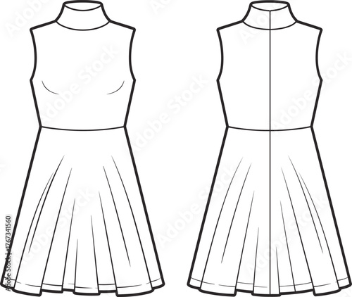 Technical flat sketch of sleeveless high neck dress, women’s fashion template, front and back view, garment illustration, apparel design outline for sewing pattern