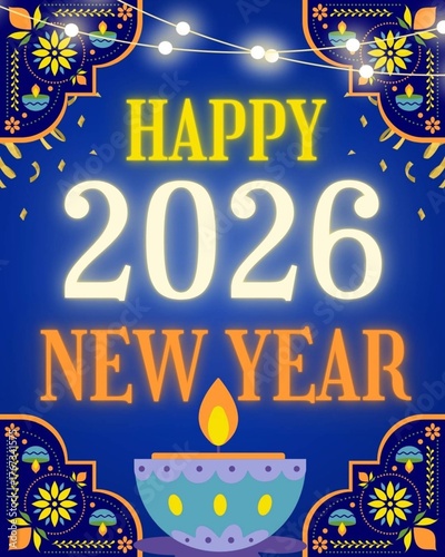 Colorful Happy New Year 2026 Greeting Card with Decorative Lamp and Festive Pattern