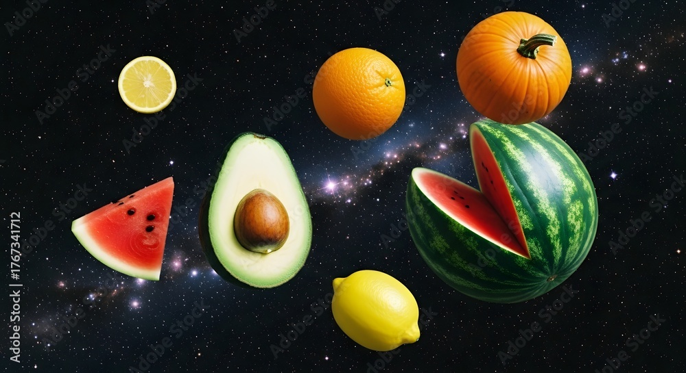 Fototapeta premium A cosmic assortment of fresh fruits and vegetables floating in space
