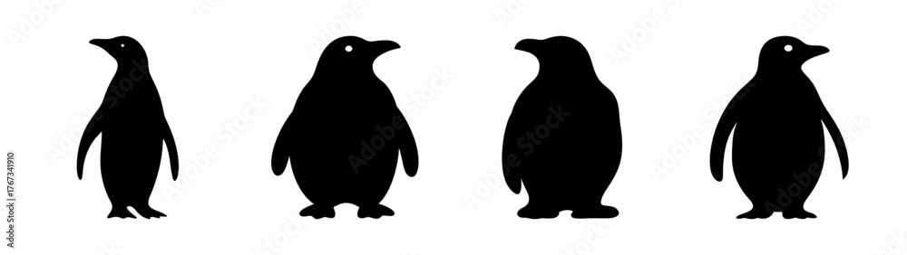 Naklejka premium Four silhouette penguin figures standing tall on a white canvas