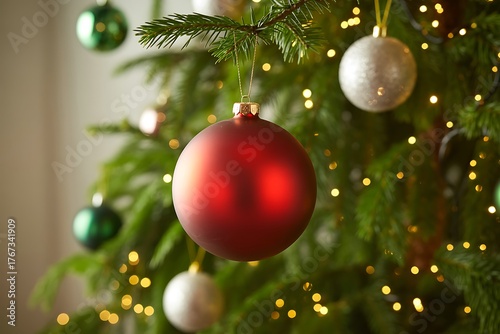Close up of a red bauble on a christmas tree with fairy lights