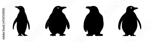 Four silhouette penguin figures standing tall on a white canvas