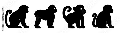 Four silhouette monkeys posed in different positions enjoying their day