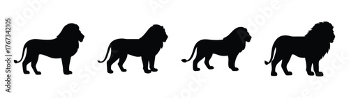 Four black lion silhouettes standing in a row majestic wildlife poses