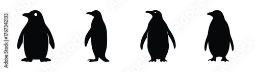 Four silhouetted penguins standing in profile and frontal views