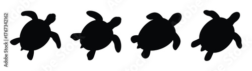 Four black silhouette sea turtles swimming in sequence