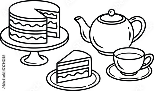 Tea time line drawing, layered cake on stand, teapot and teacup illustration, dessert slice on plate, elegant afternoon tea vector