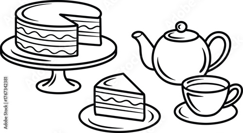 Tea time line art, layered cake with slice, teapot and teacup illustration, dessert plate drawing, elegant afternoon tea vector design