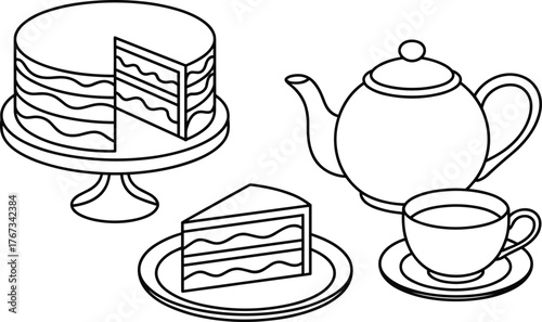 Tea time line drawing, layered cake with slice on plate, teapot and teacup illustration, dessert stand vector, elegant afternoon tea