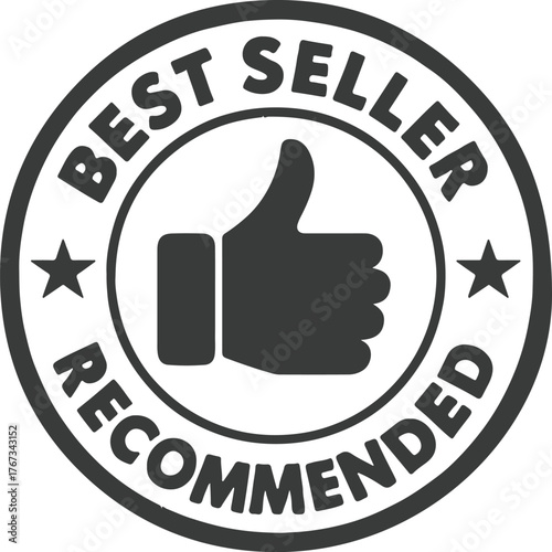 Dark gray best seller recommended stamp with thumbs up icon seal badge