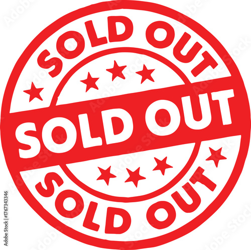 Red Sold Out Stamp with Stars on Black Background circular text