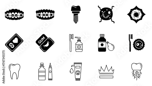 Essential monochrome dental icons oral health, hygiene, treatment, and professional dentistry concepts for medical graphics
