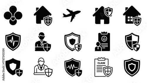 Insurance icon collection featuring symbols for health, home, travel, and claims services